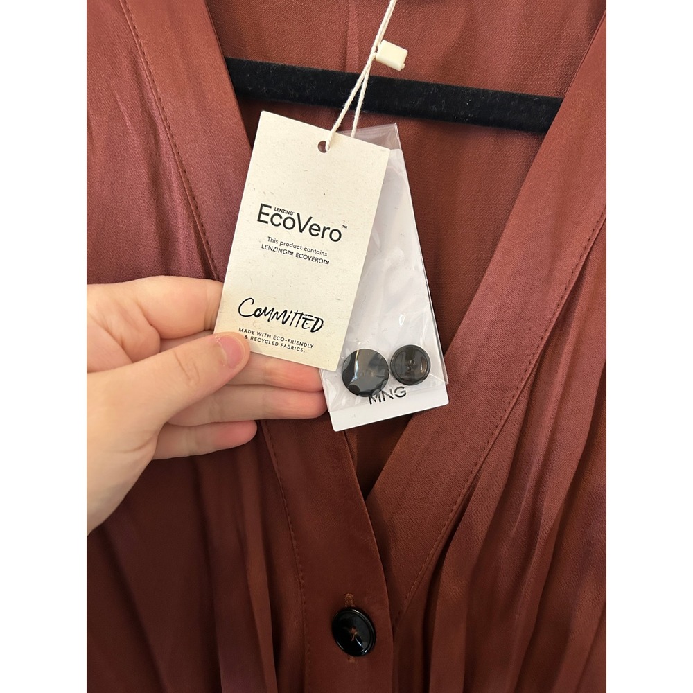 MNG Brown Satin Long Sleeve Button Front Midi Shirt Dress Size S - Picture 10 of 11